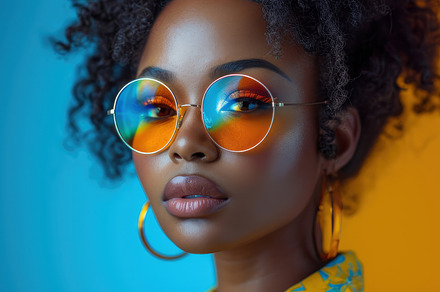 Stylish African American Woman with Rainbow Glasses against Blue Background, a Photo by AS photostudio