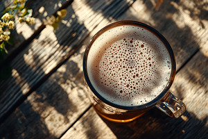 Glass of cold and fresh beer on wooden table, a Food & Drink Photo by AlyaAnd