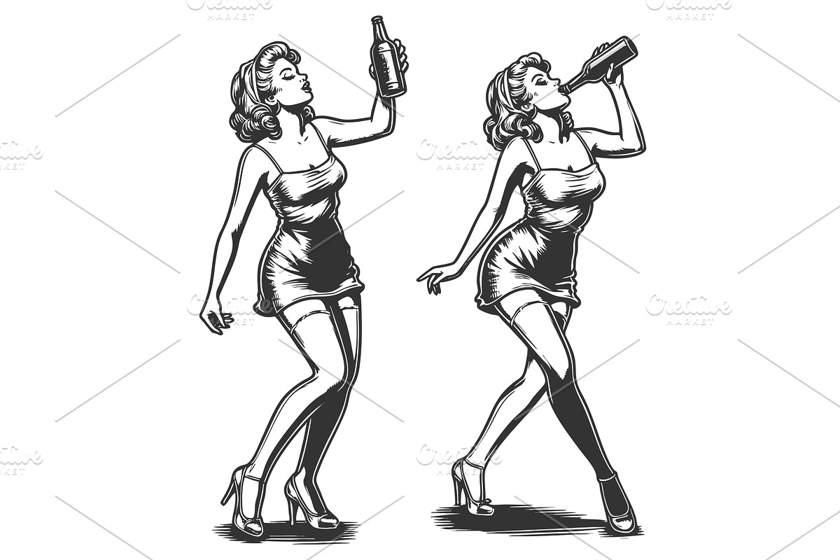 Retro Pin-Up Girl Drinking from, a Person Illustration by AlexArt