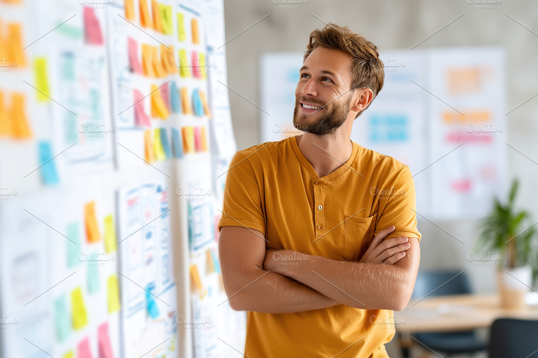 Man in Yellow Shirt Planning with Sticky Notes, a Business Photo by AlyaAnd
