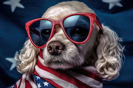 Beautiful dog with american flag on background. Generative AI, an Animal Photo by AlyaAnd