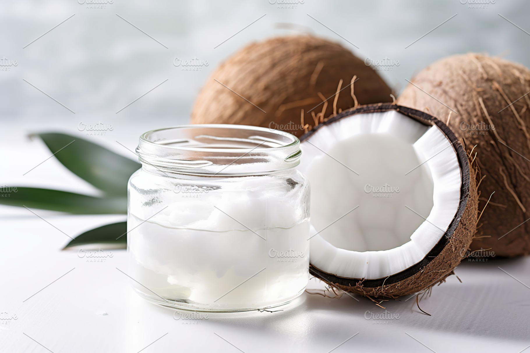 Coconut and coconut oil in glass jar on wooden table, a Food & Drink Photo by AlyaAnd