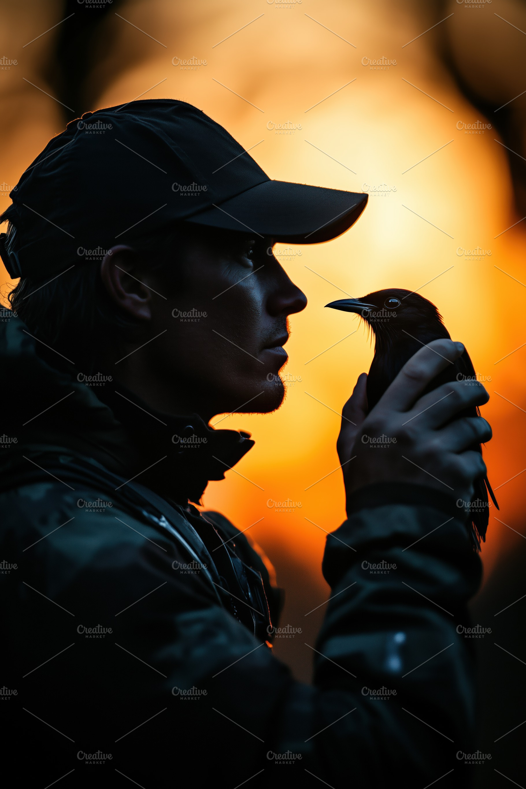 A silhouette of a ornithologist person holding a bird close to their face again, a Person Photo by Textures & Backgrounds