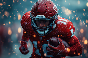 Dynamic football player wearing red, a Photo by Tanuart
