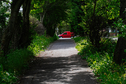 Pathway surrounded by green trees with a visible red vehicle in Reykjavik, Icel, a Photo by AS photostudio