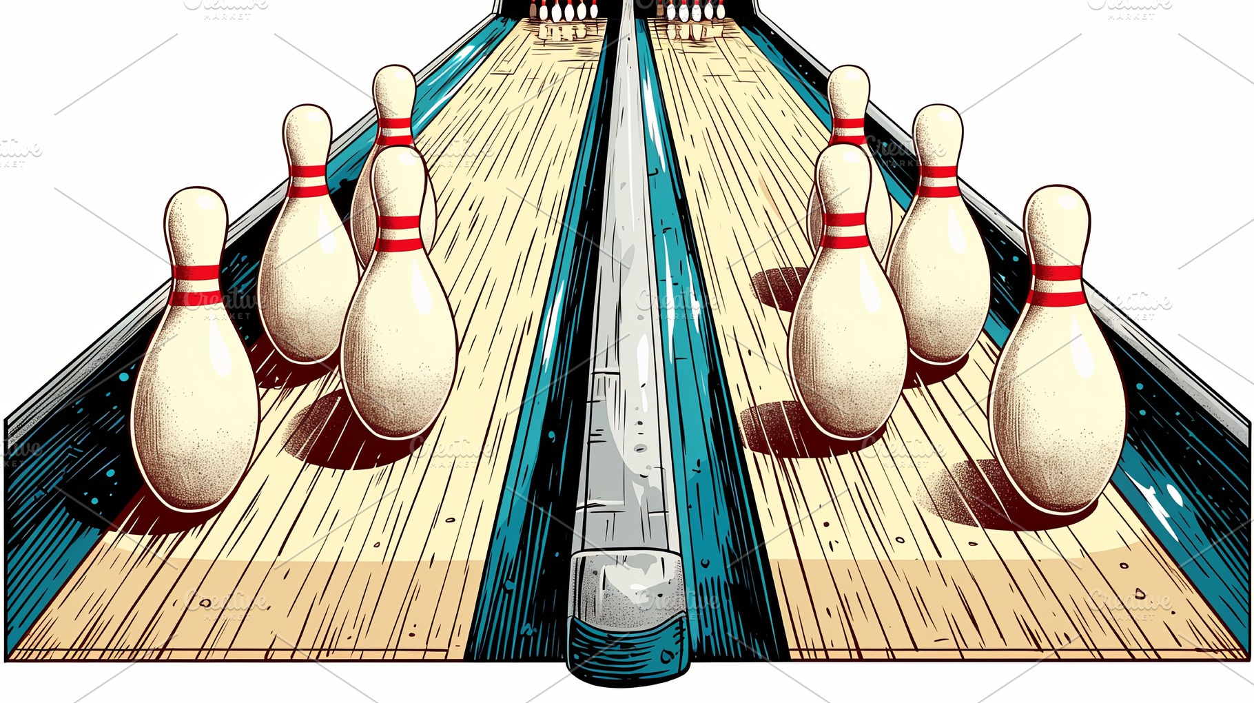 Illustration of a bowling lane with pins in their initial setup, a Photo by AS photostudio