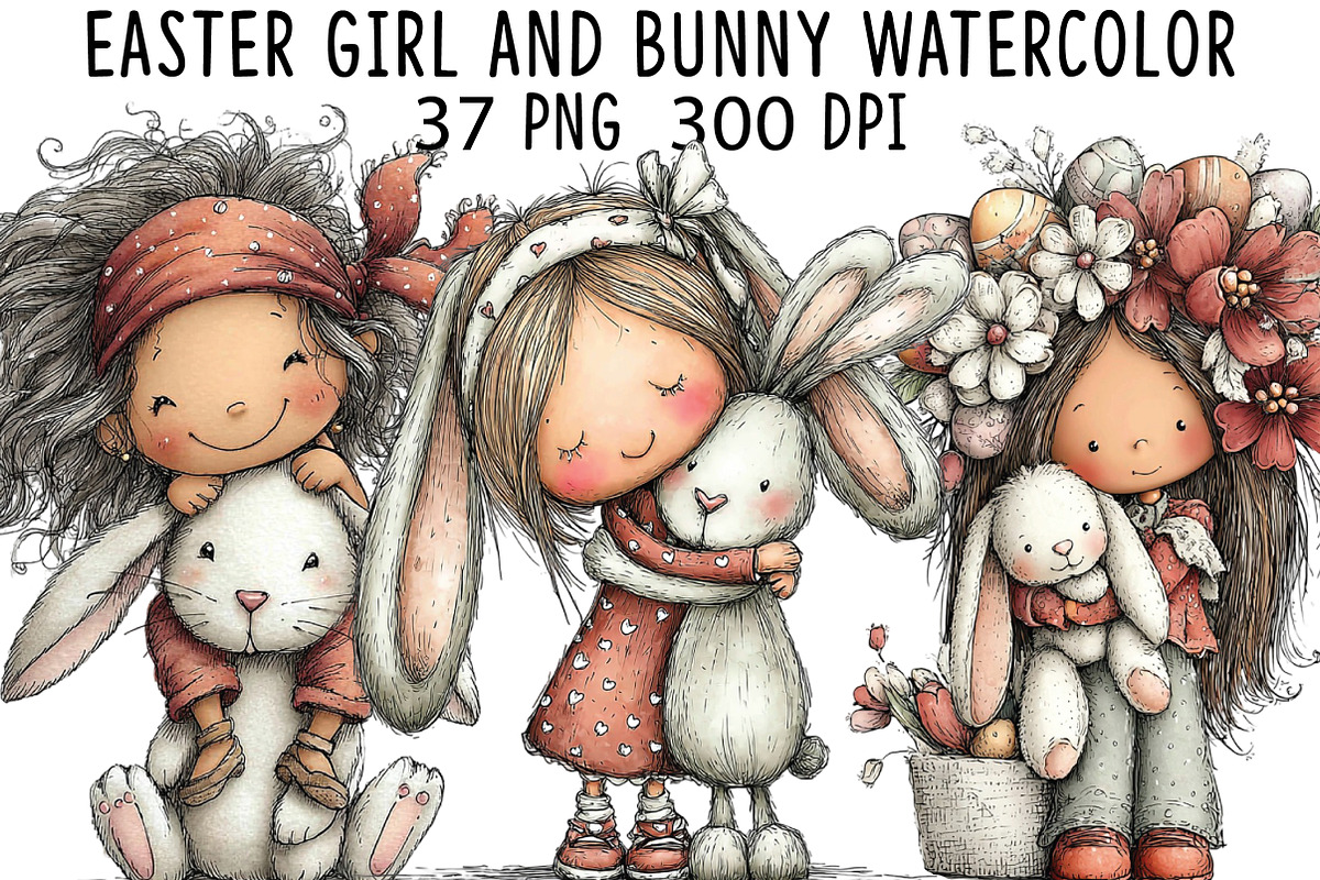 Easter Girl and Bunny Watercolor PNG, an Illustration by CraftArtStudio (Photo 1 of 6)