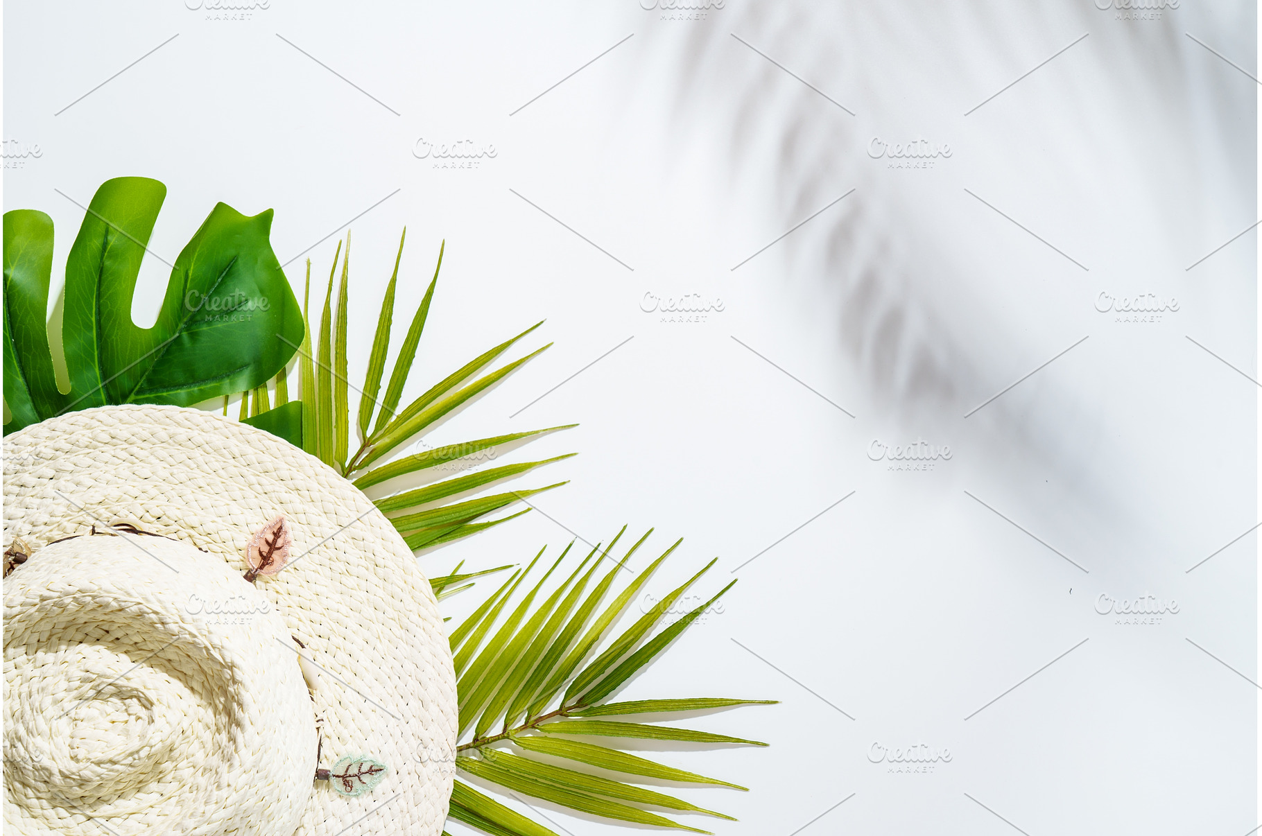 Summer flat lay background with palm, a Holiday Photo by Nadia-nb