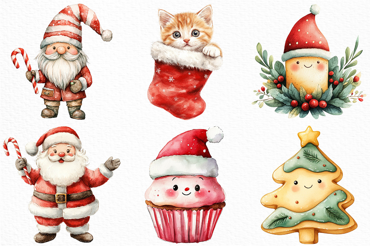 Watercolor Cute Christmas Characters, an Illustration by Craft Nest (Photo 2 of 6)