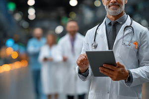 Confident doctor using tablet with medical team in the background, a Health & Medical Photo by AS photostudio