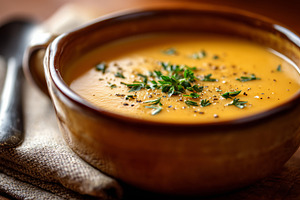 Creamy pumpkin soup in a rustic bowl, a Food & Drink Photo by MistyDay