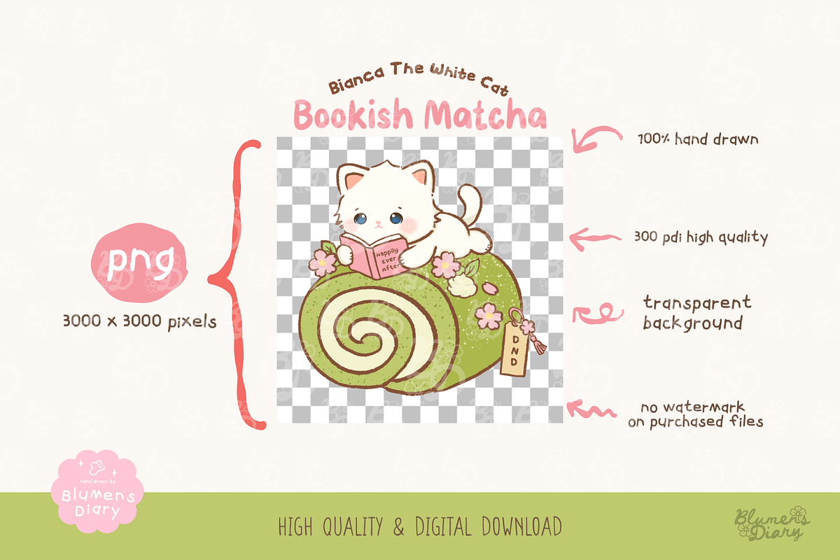 Bookish Matcha Cat Clipart, an Animal Illustration by Blumensdiary (Photo 3 of 6)