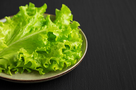 Raw Green Leaf Lettuce on a Plate, low angle view. Close-up., a Food & Drink Photo by LiudmylaChuhunova