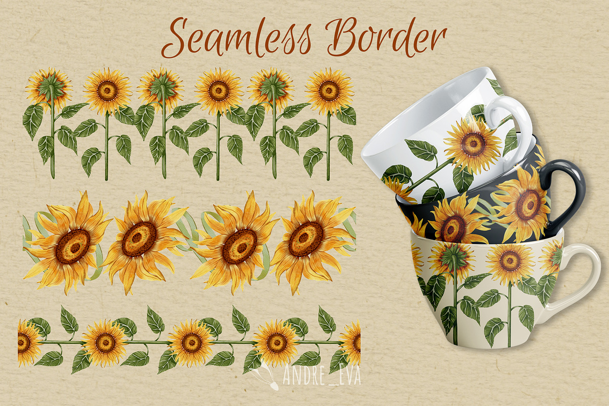 Watercolor Sunflowers Clipart, an Illustration by Andre_Eva (Photo 5 of 9)