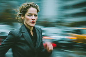 Woman Running City Street Blurred Ba, a Photo by Pixeness Studio