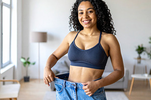 Woman with happy expression tying the waistband of oversized jea, a Health & Medical Photo by DanFLCreativo