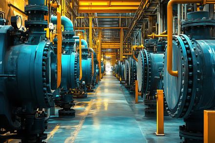 A wide industrial corridor featuring large blue valves and pipes, illuminated b, a Person Photo by Textures & Backgrounds