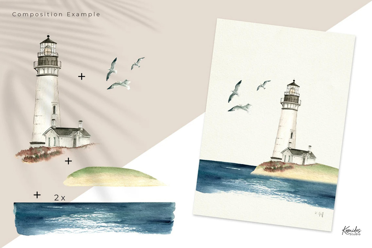 Watercolor Lighthouse Scene Creator, an Illustration by Kamides (Photo 4 of 6)