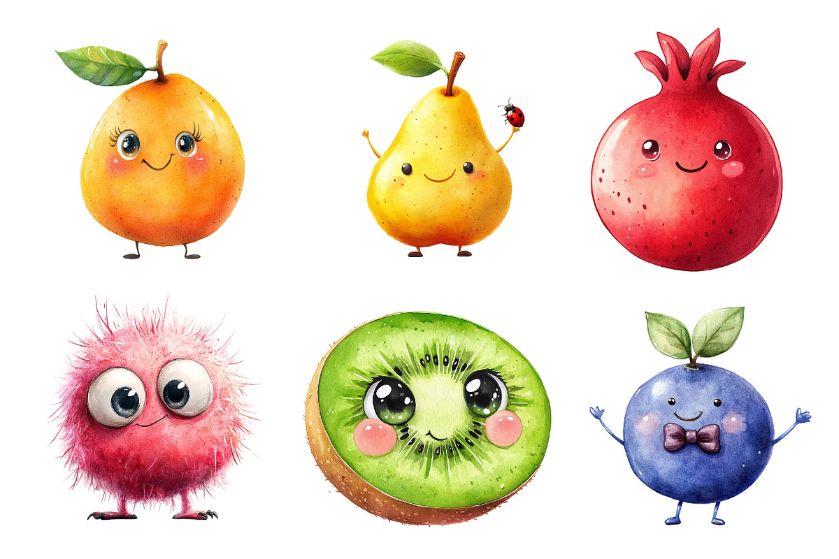 Cute Fruit Clipart,Kawaii Fruits, an Illustration by CreationArt (Photo 3 of 5)