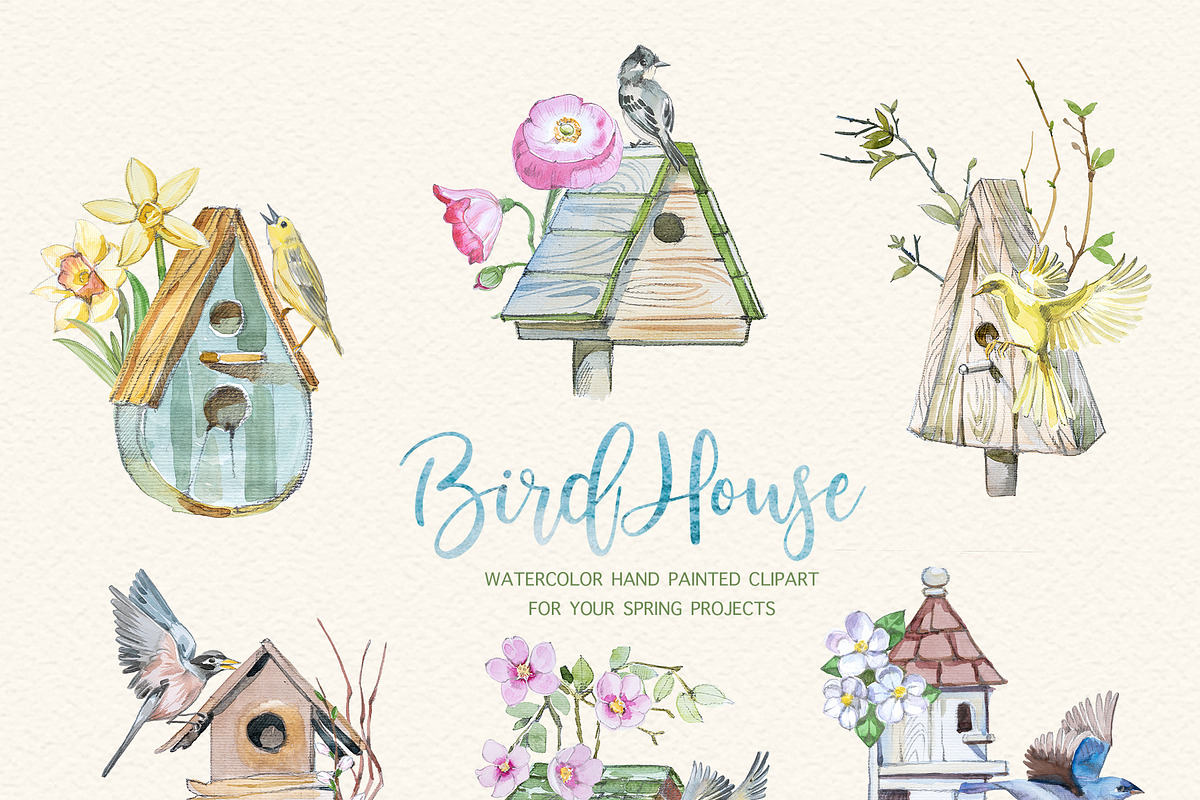 Watercolor Birdhouse Clipart Set, a Seasonal Illustration by ArtCreationsDesign (Photo 2 of 12)
