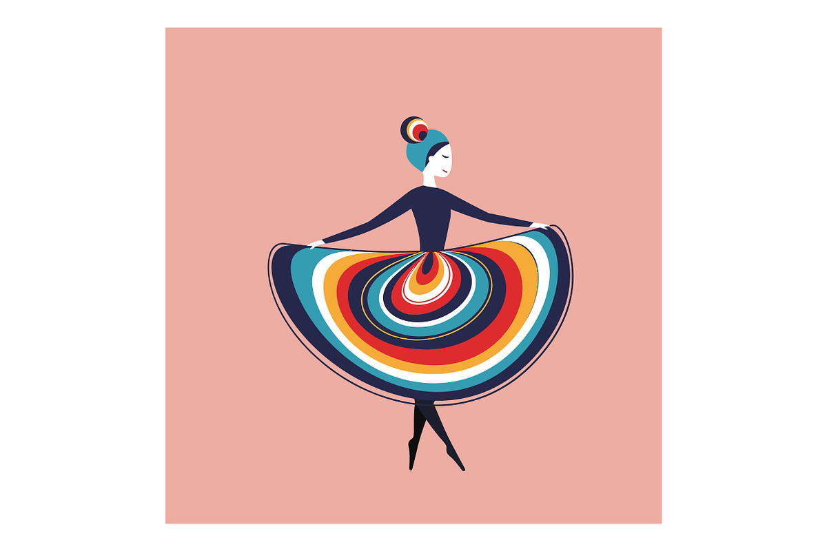 Colorful woman in a swirling dress p, an Illustration by designvectx