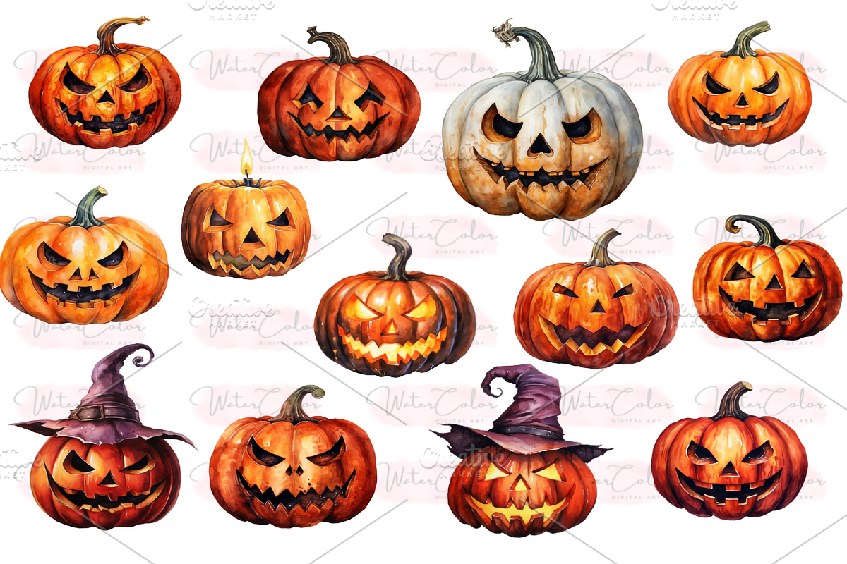 Jack-o-Lantern Collection Clipart, a Seasonal Illustration by Watercolor Digital (Photo 2 of 7)
