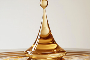 A close-up of a golden liquid droplet creating a splash in water, showcasing th, a Photo by Textures & Backgrounds
