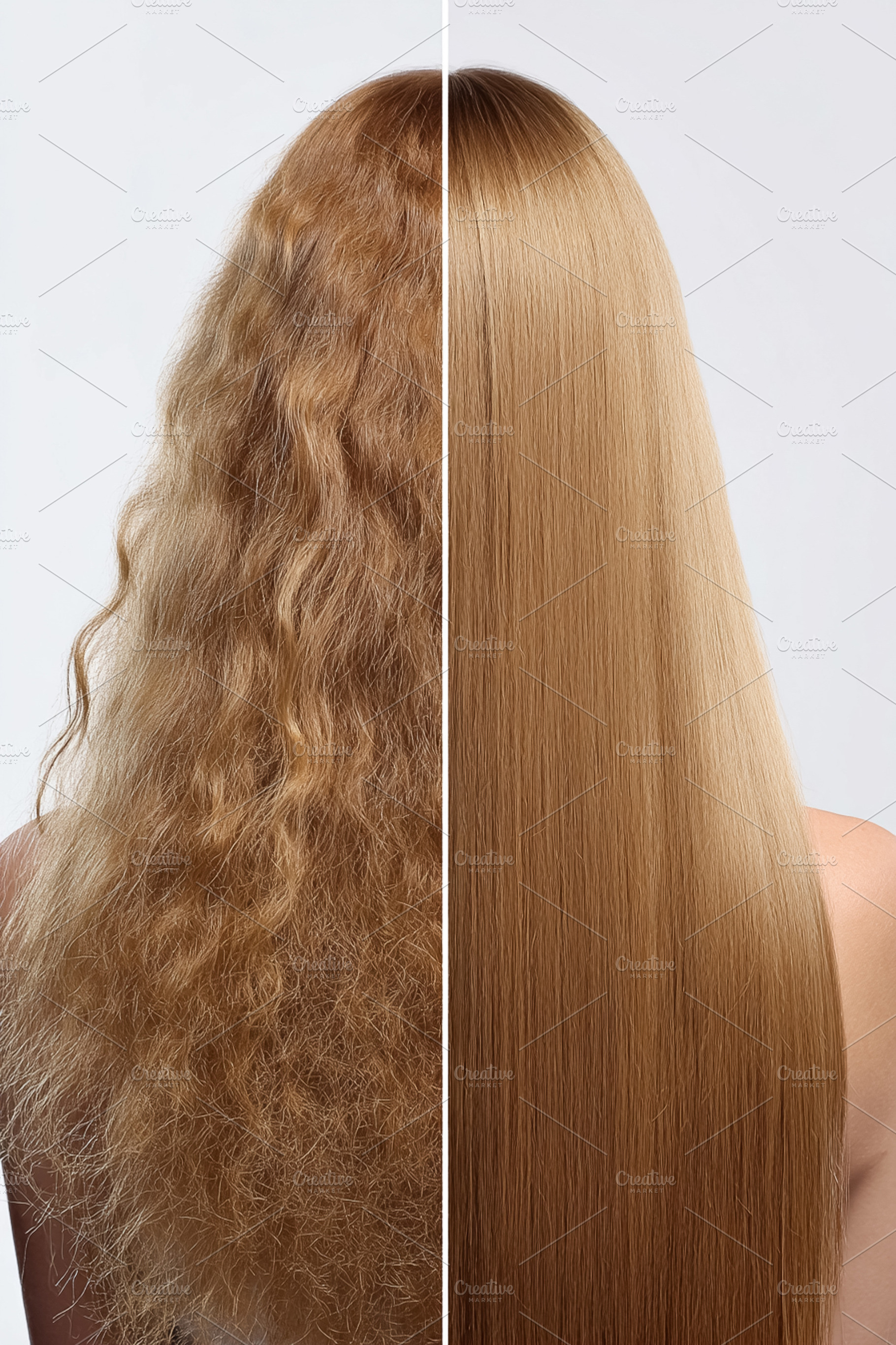 Woman's blonde hair transforming from dry, damaged, and frizzy to beautiful, sh, a Photo by Anneleven