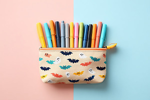 Colorful markers stored in a cute bat-themed pencil case on pastel background, a Holiday Photo by AlyaAnd