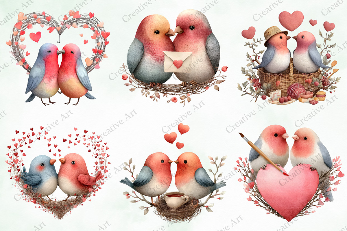 Valentine Cute Couple Birds Clipart, an Illustration by Creative Art (Photo 6 of 9)