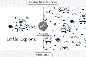 Cute pattern with space and animal, a Pattern Graphic by lindoet23