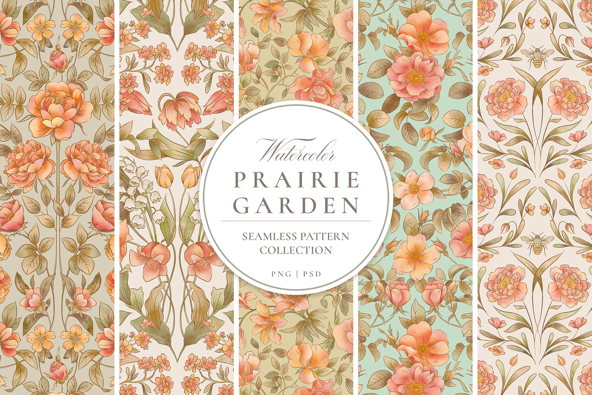 Prairie Garden Watercolor Patterns, a Pattern Graphic by Eclectic Anthology