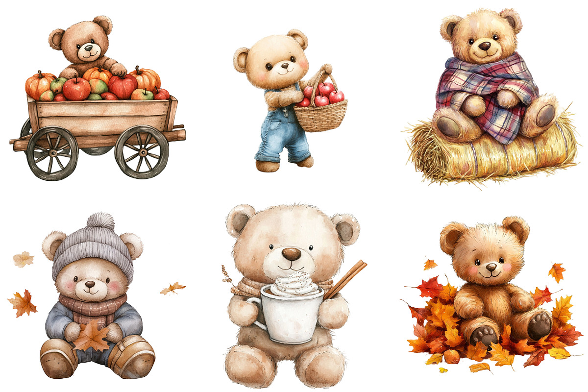 Watercolor Autumn Teddy Bear Clipart, an Illustration by Watercolor design (Photo 4 of 4)
