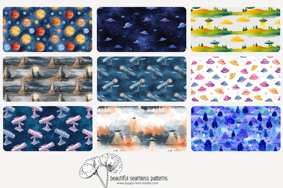 80 watercolour UFO seamless pattern, a Pattern Graphic by Poppy Lane Studio (Photo 7 of 11)