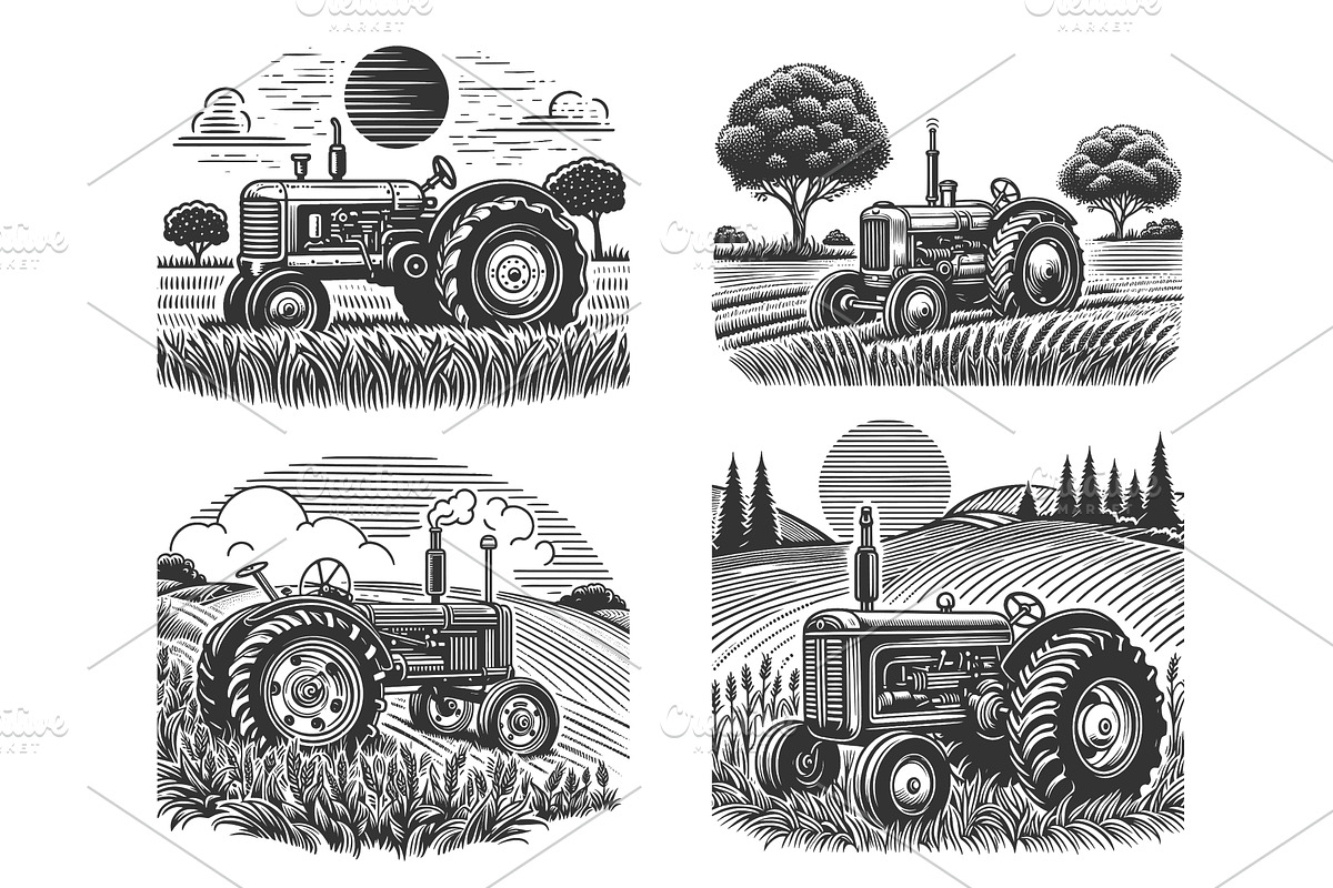 Tractors Working on Farmland set, an Illustration by AlexArt