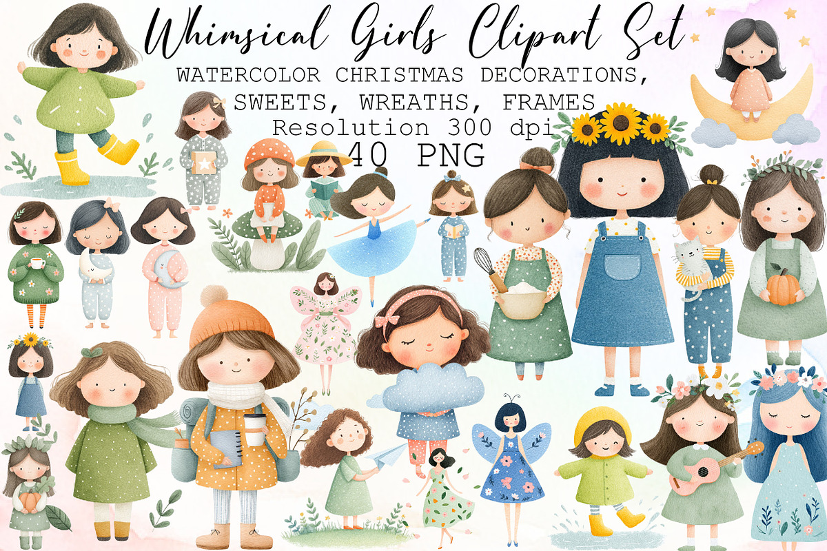 Whimsical Girls Clipart Set, an Illustration by Sublimation Artist (Photo 1 of 6)