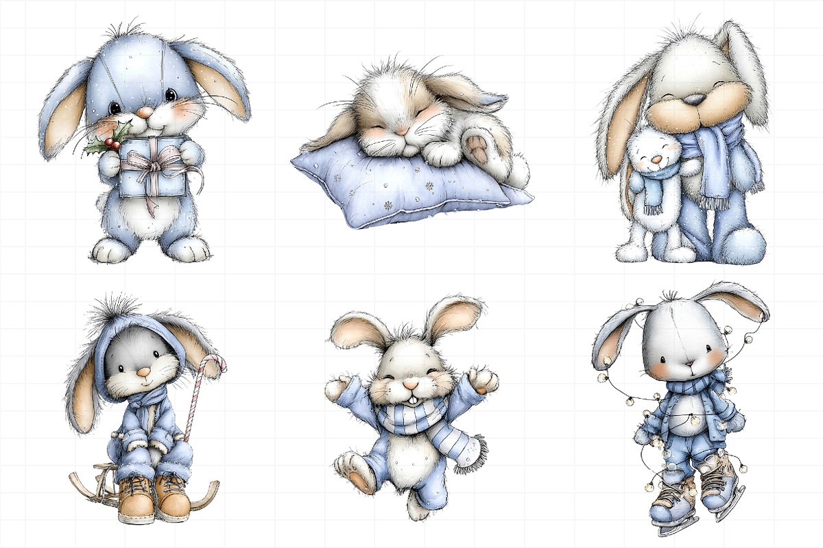 Christmas Winter Bunnies Clipart, an Illustration by Daily.Designs