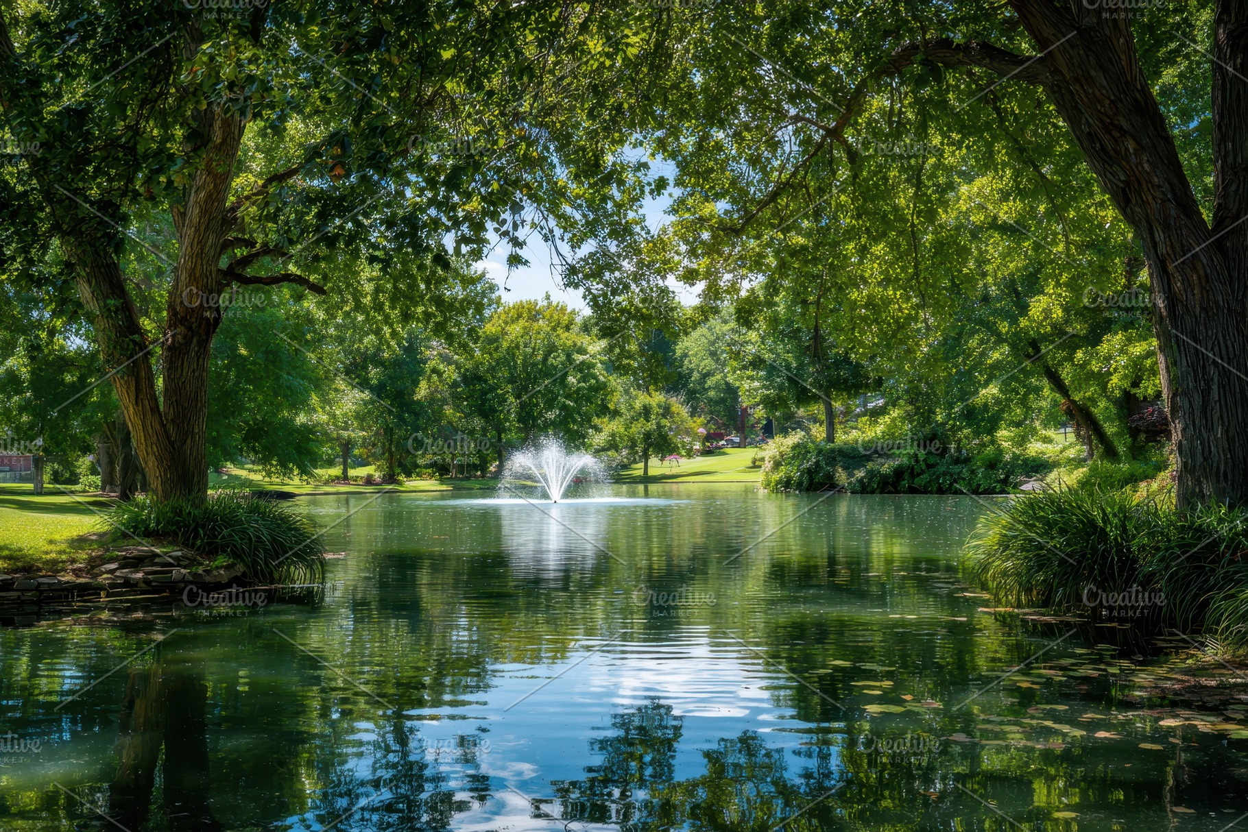 Water fountain in park surrounded, a Photo by Pavel_design