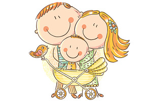 Family with a baby in baby carriage, a Person Illustration by Bubert Art