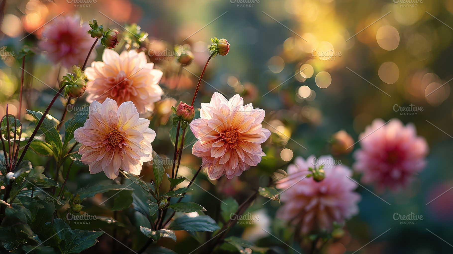 Peach Dahlias in Soft Sunlight Garde, a Photo by Pixeness Studio