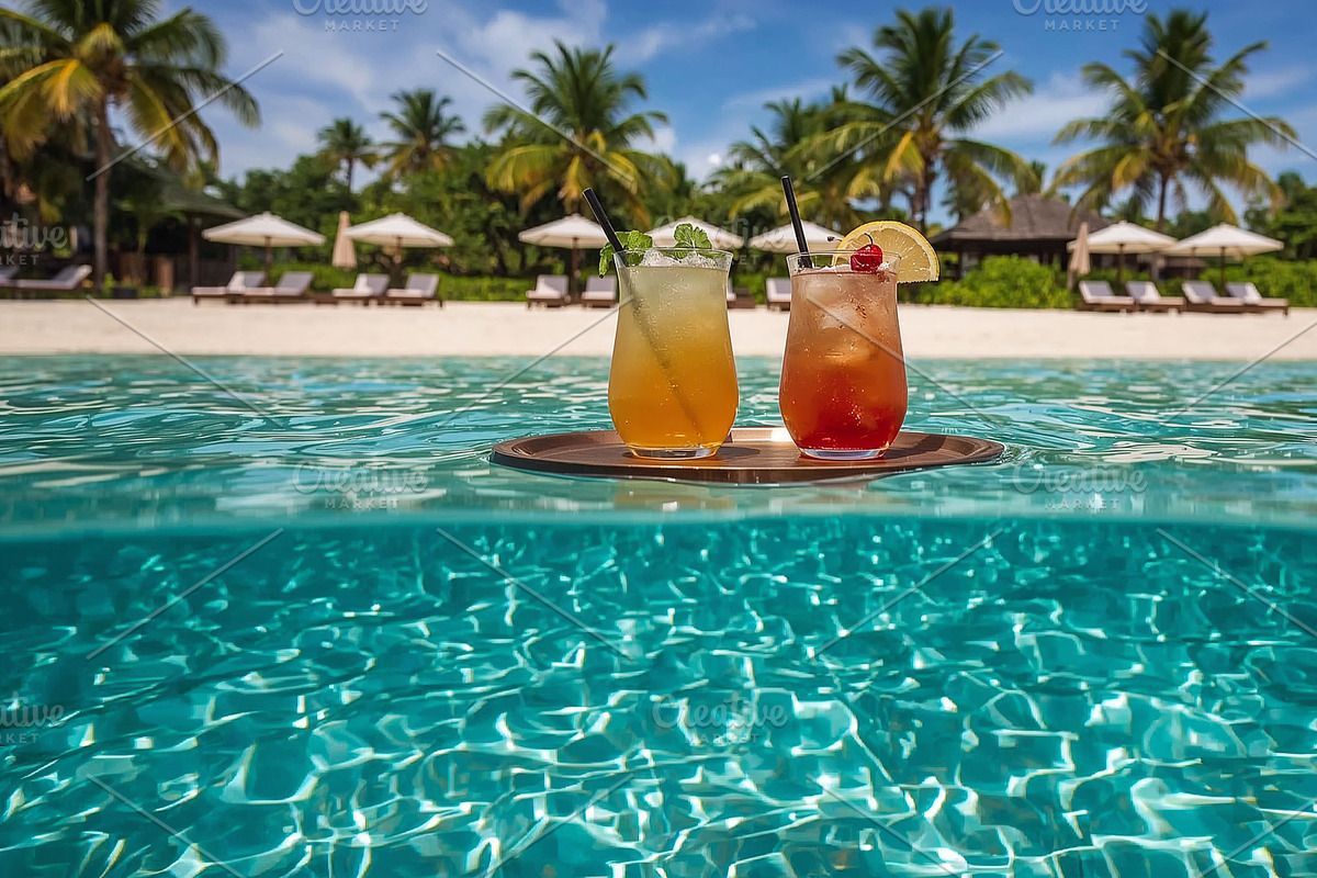 Floating tray holding two cocktails, an Illustration by wavebreak