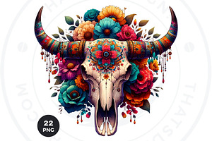 Boho Western Bull Skull PNG Clipart