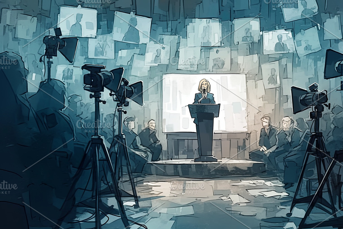 News anchor delivering live report amidst professional studio cameras and light, an Illustration by AS photostudio