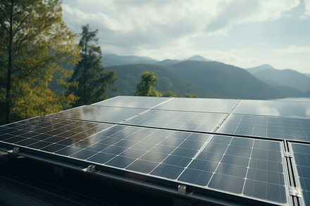 Solar panels installed in a natural area with mountains and tree, a Technology Photo by Studio Light & Shade