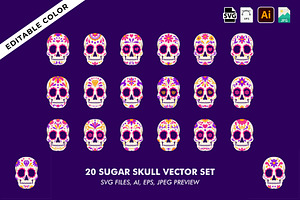 Colorful Sugar Skull Vector Set