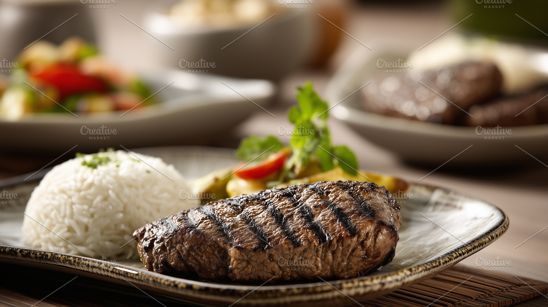 Grilled steak served with a portion, a Food & Drink Photo by MistyDay