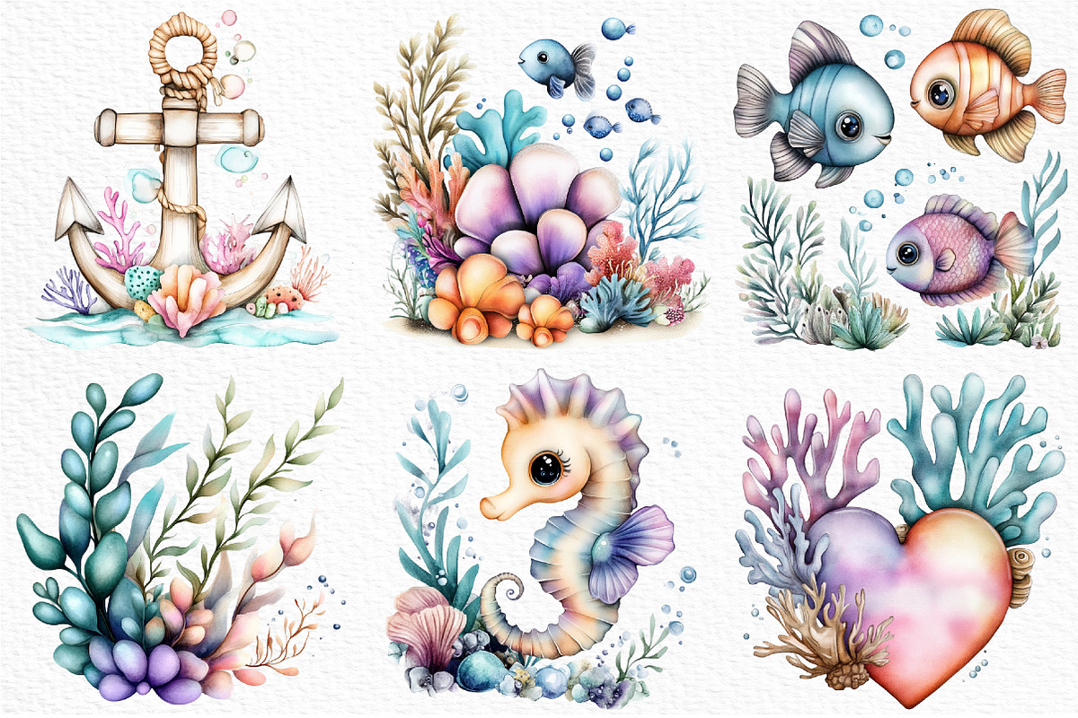 Under the Sea Watercolor Clipart PNG, an Illustration by Craft Nest (Photo 4 of 12)