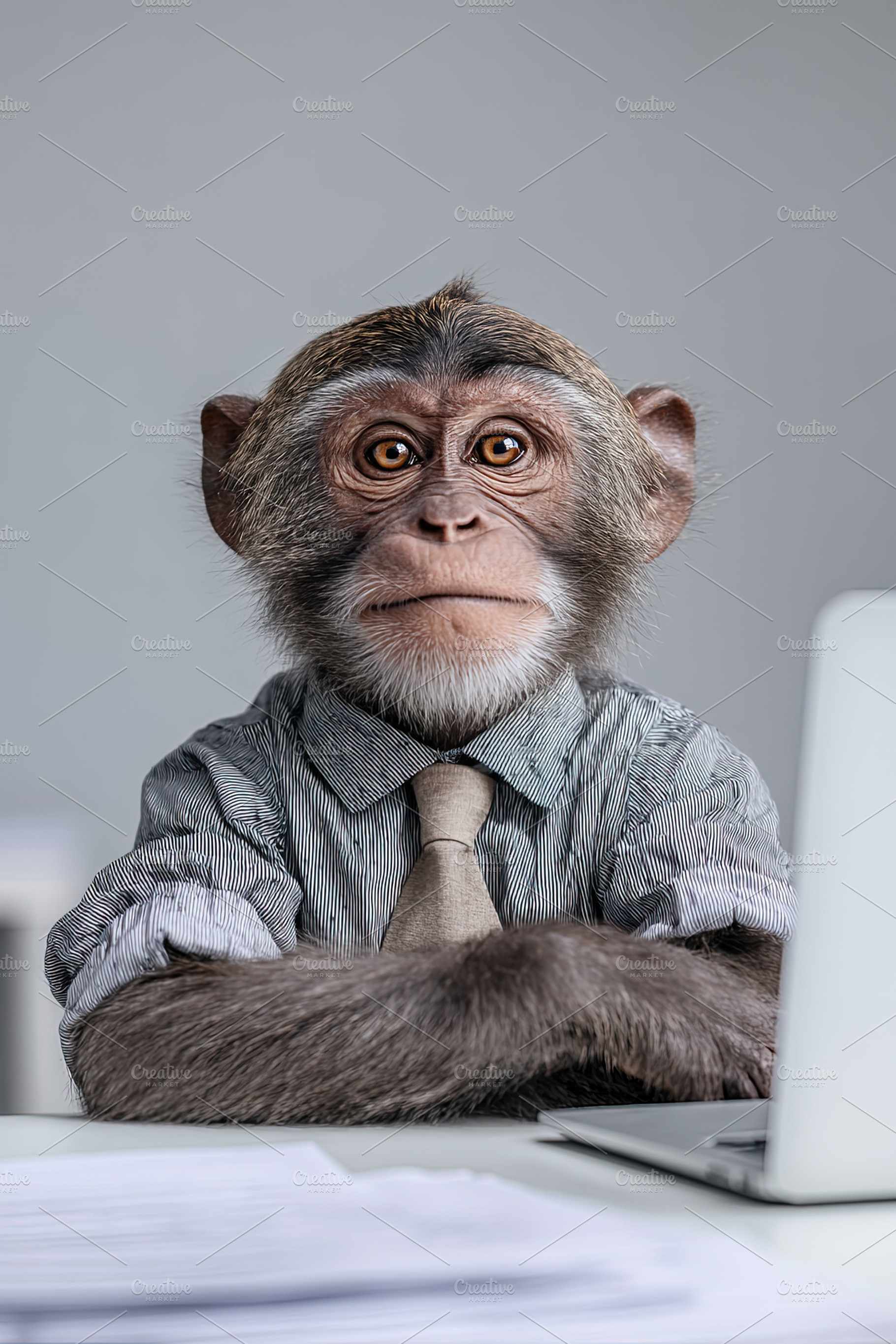 Monkey dressed in shirt and tie sitting at office desk with lapt, an Abstract Photo by Ales Munt