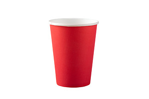 Minimalist red paper cup on white background, perfect for party,, a Food & Drink Photo by Ales Munt