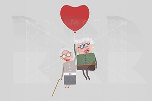 Old Couple Traveling On Balloon